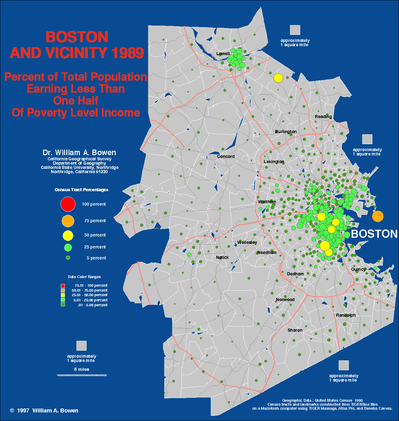 Доля населения, зарабатывающего менее 50% от уровня бедности, по районам г.Бостона, США, 1989 г.