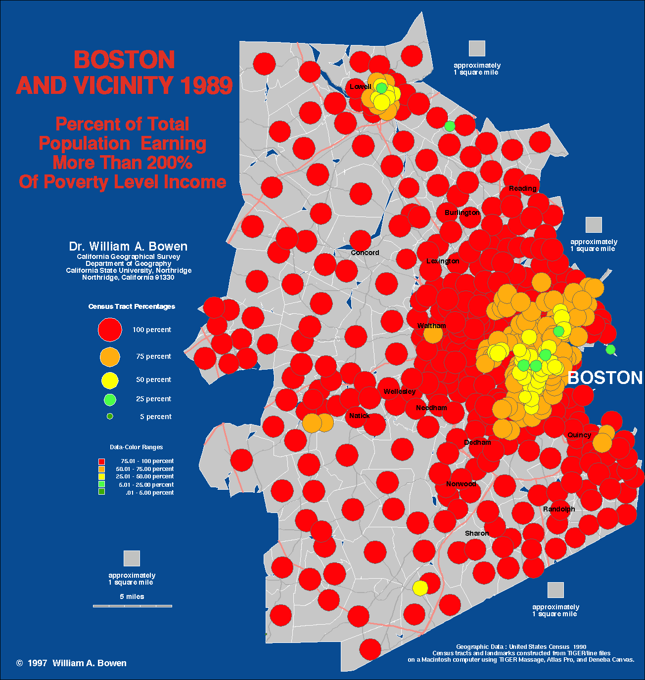 Доля населения, зарабатывающего более 200% от уровня бедности, по районам г.Бостона, США, 1989 г.